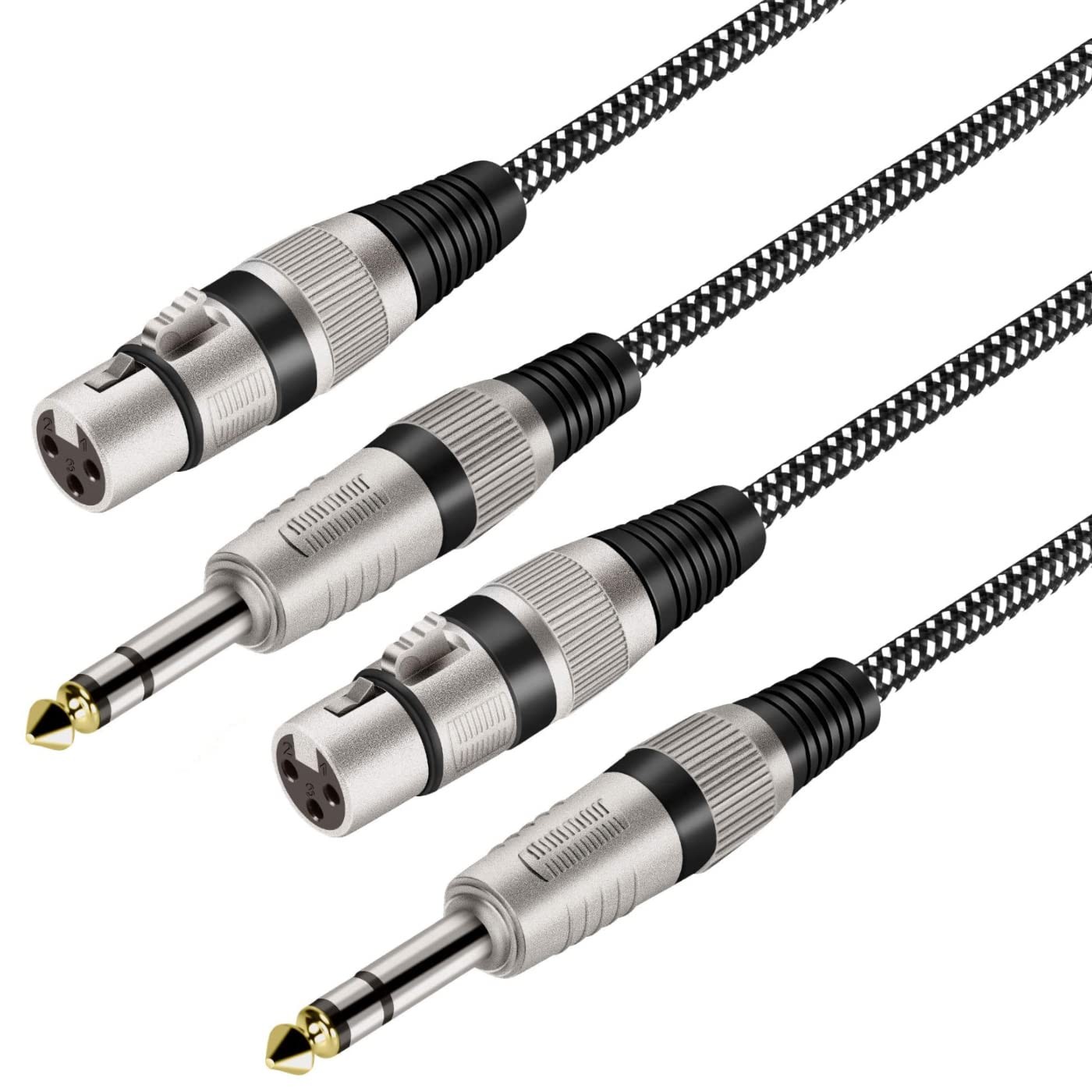 2 PCS 6 FT Braided 3Pin XLR Female to 1/4" TRS Male Balanced Mic Cables