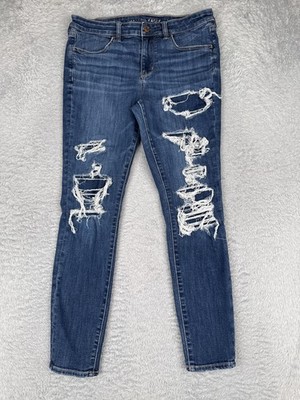American Eagle Skinny Jeans Womens 12 Blue Med Wash Mid Rise Distressed 31x28
