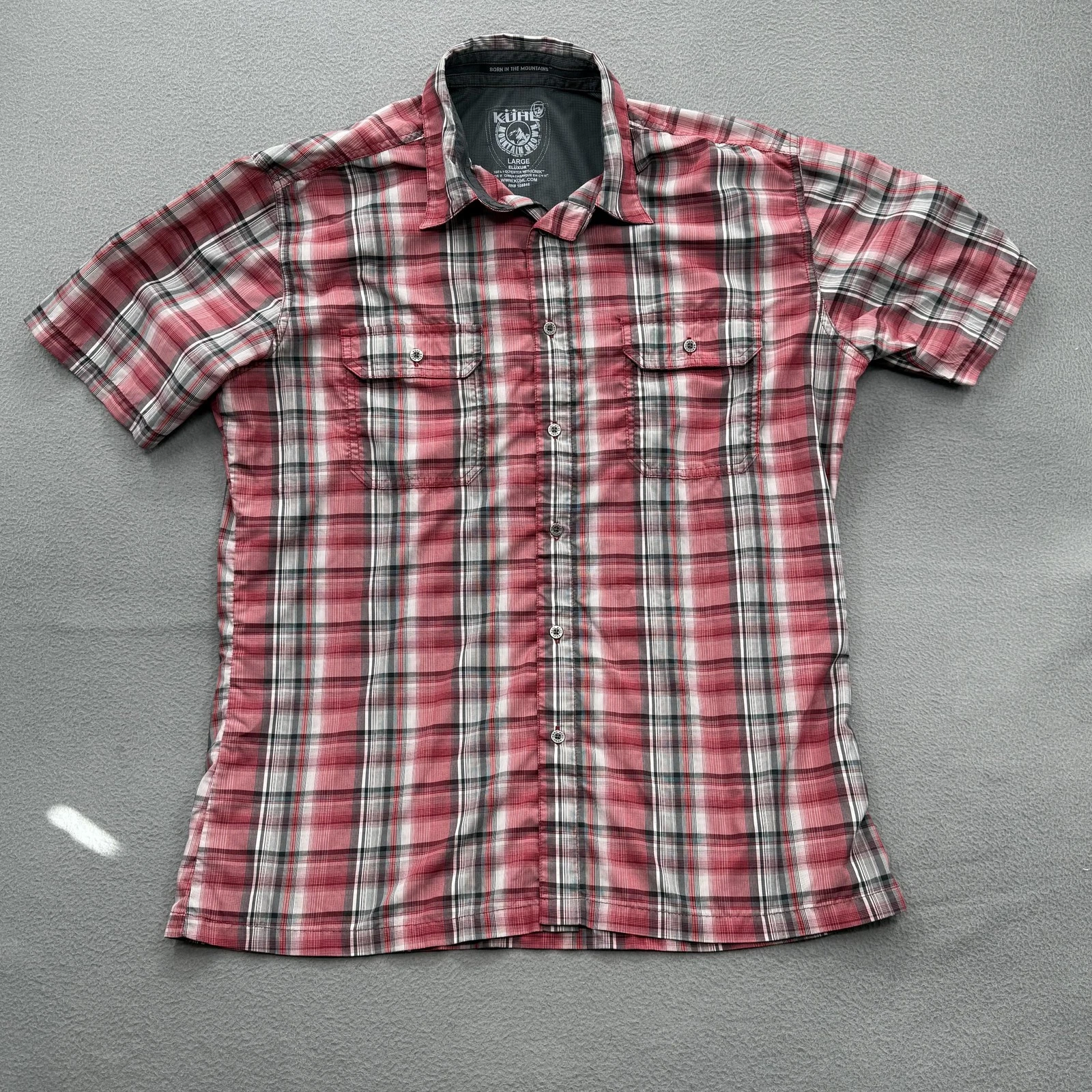 Kuhl Eluxur Shirt Mens Large Red Plaid Short Sleeve Button Front Outdoor Hiking