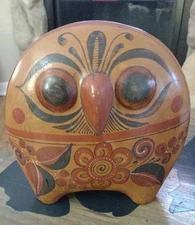 Large Signed Tonala Owl Mexican Pottery Folk Art Bird Hand Painted 7.5 X 7.5"
