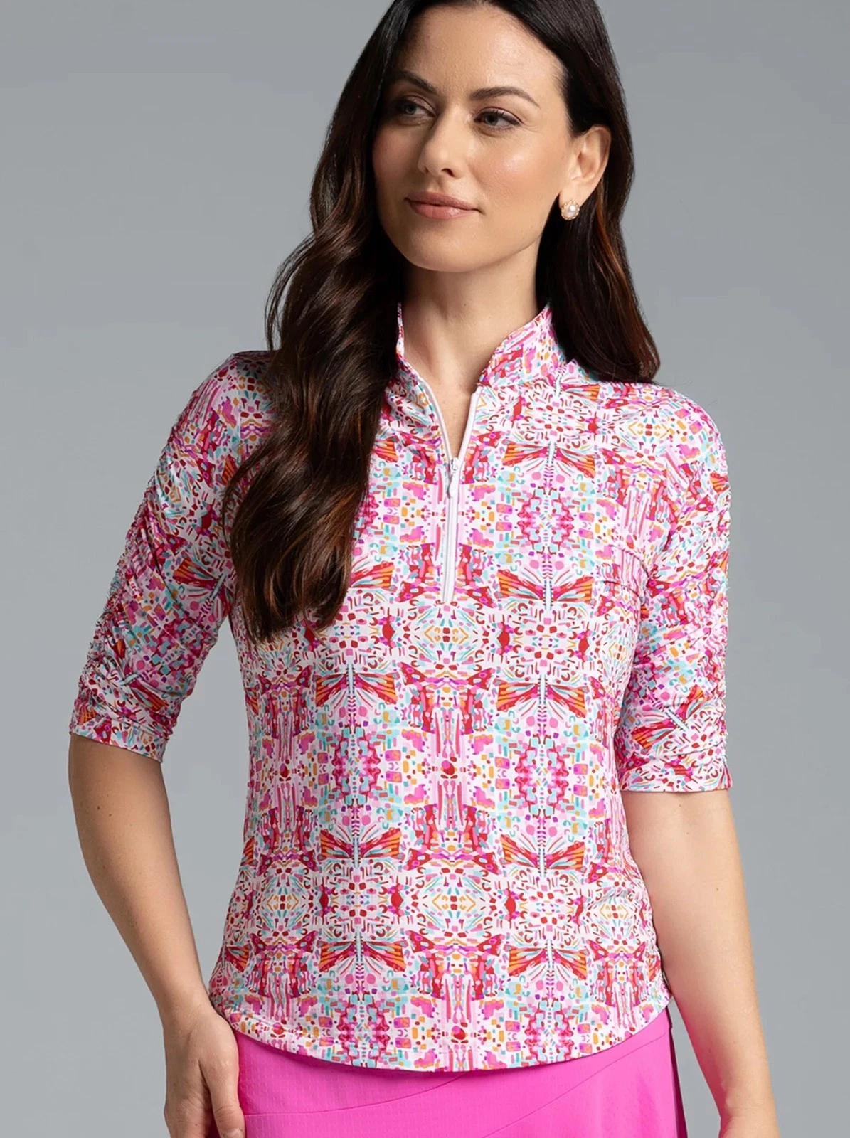 NWT IBKUL Ridley Watermelon Ruched Elbow Sleeve Mock Golf Top S M & XXL