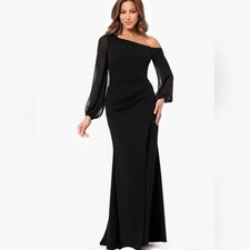 Betsy  Adam Black Illusion Mesh Long Sleeve Off The Shoulder Gown Size 10 259