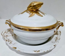 Old Paris Porcelain Covered Vegetable Bowl &Underplate~White w/Gold~Fruit Finial