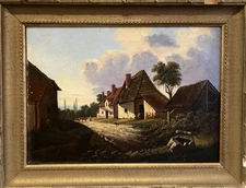 ANTIQUE OIL PAINTING French Primitive Village Landscape c1880 BEAUTIFUL COLOURS
