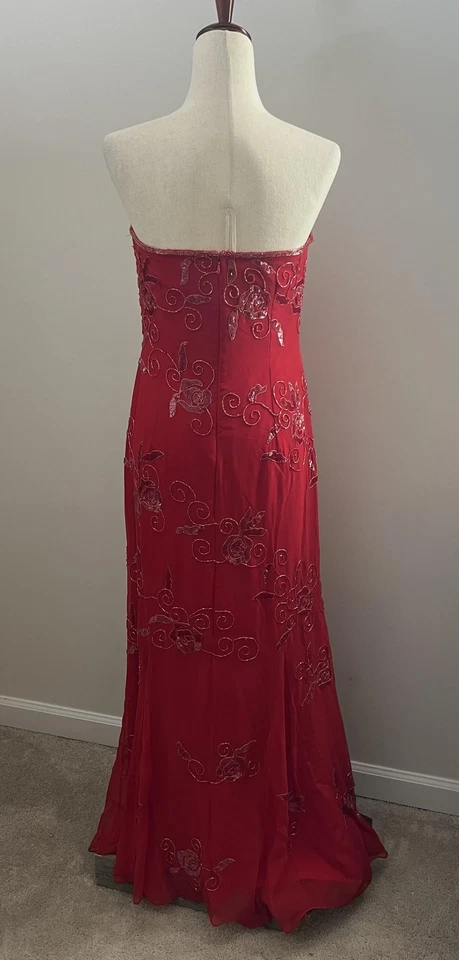 Vintage Y2K 90s Dress XL Red Silk Strapless Beaded Sequin Floral Silk Fairycore - Image 4 of 4
