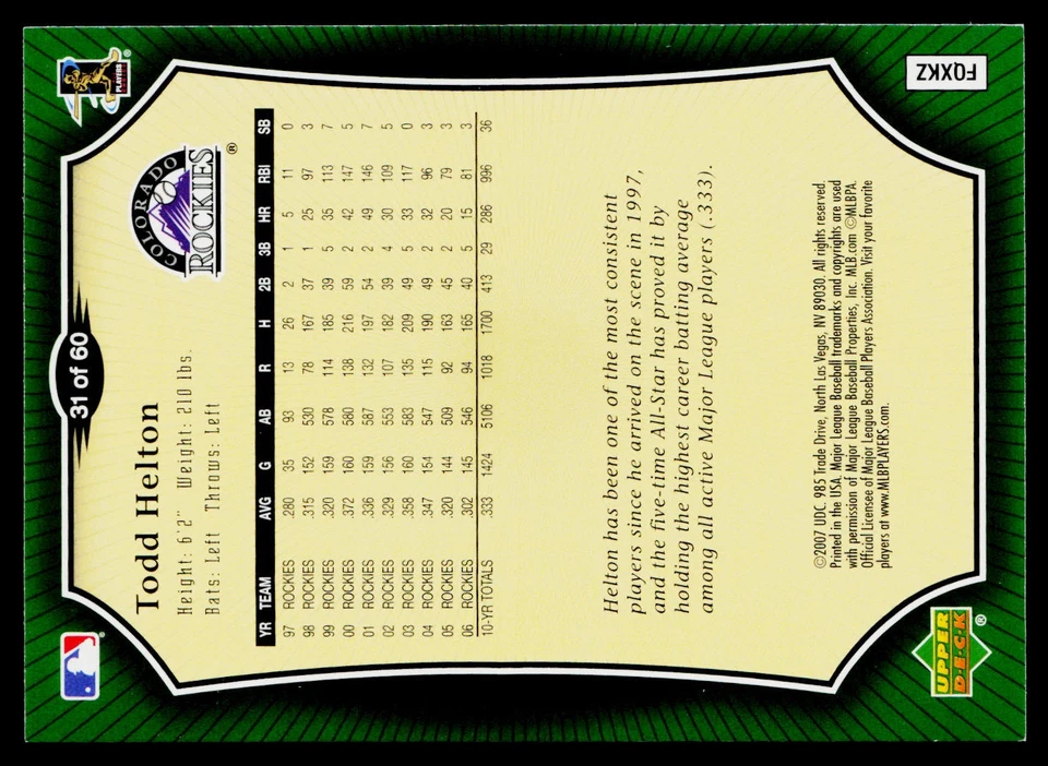 2007 Upper Deck Holiday Inn #31 Todd Helton Colorado Rockies - Image 2 of 2