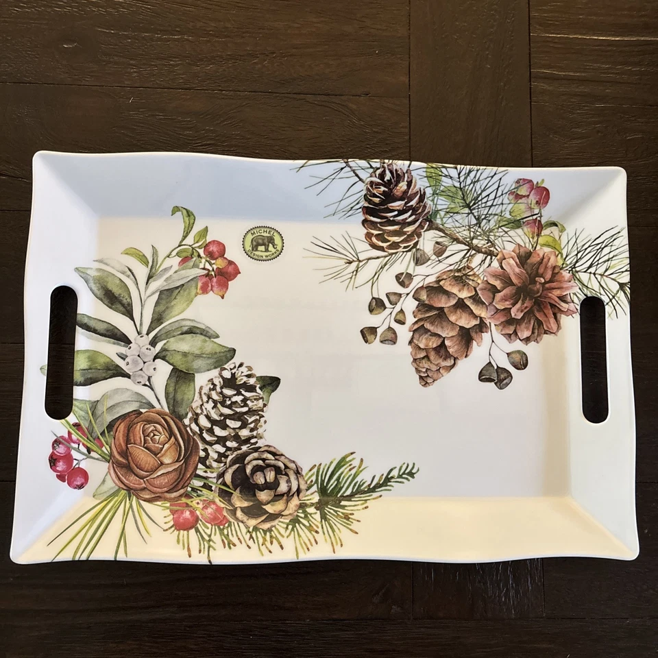 New! Michel Design Works Spruce Floral Serveware Large Serving Tray with Handles - Image 2 of 4