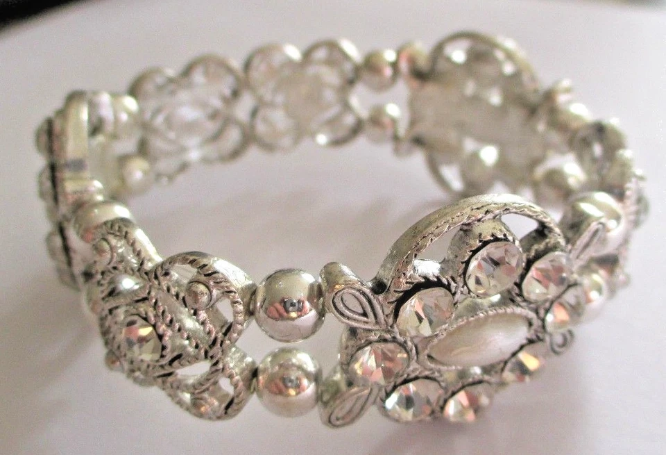 bracelet élastique couleur argent perles cristaux strass bijou vintage 1553 - Photo 1/2