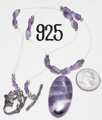 Signierter 925 Sterlingsilber lila gebänderter Amethyst Anhänger Illusion Halskette 23''