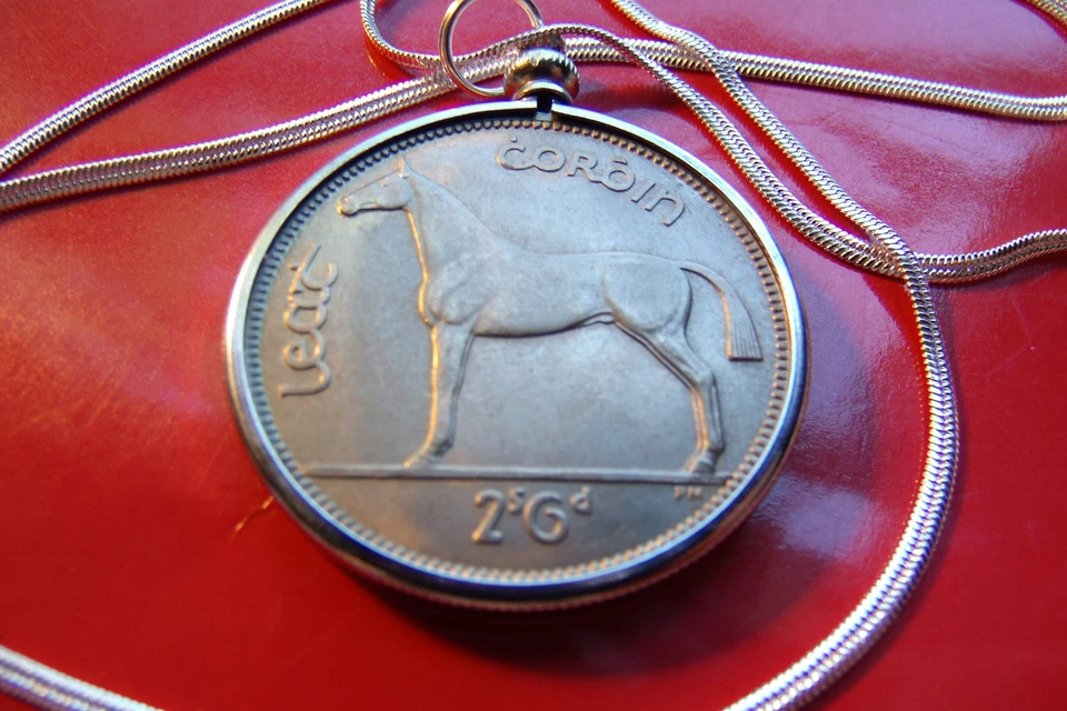 COLGANTE MONEDA GAÉLICO IRLANDÉS 1966 media fibra de coco en una cadena de espiga de oro blanco de 24" Foto 4 de 4