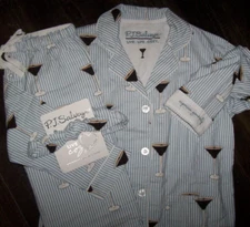 NWT PJ Salvage Blue/White MARTINI Flannel Pajama/Lounge Set S ESPRESSO YOURSELF