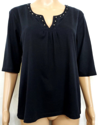 KIARA Women Top Size XL Black Neckline Embellished w/beads & Shells Cotton/Modal