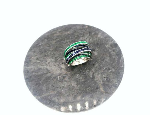 Multi Strand Baguette Emerald & Sapphire 8.53TCW 925 Sterling Silver Women Ring - Picture 4 of 7