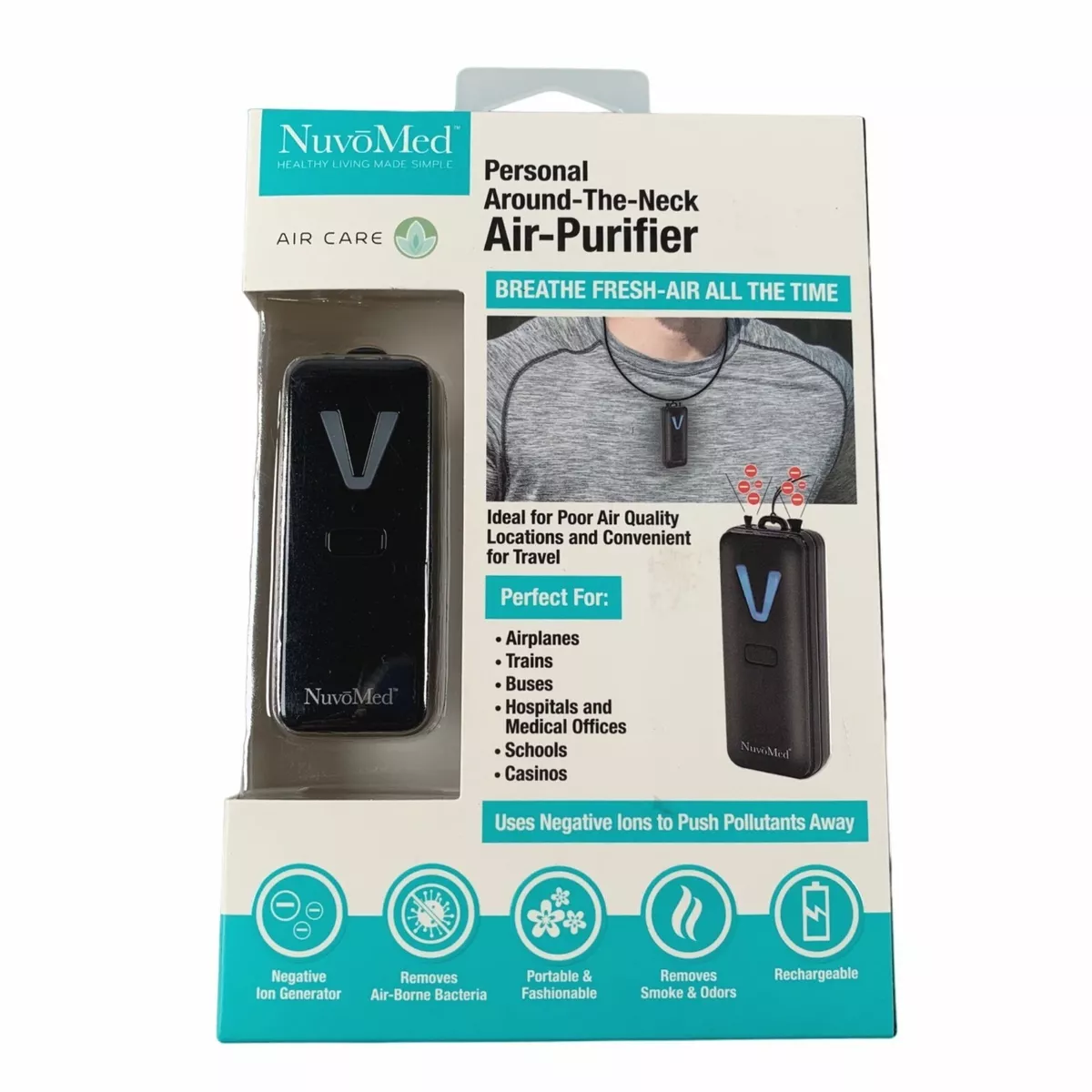 NuvoMed Personal Around Neck Air Purifier Black Rechargeable Negative Ion NEW