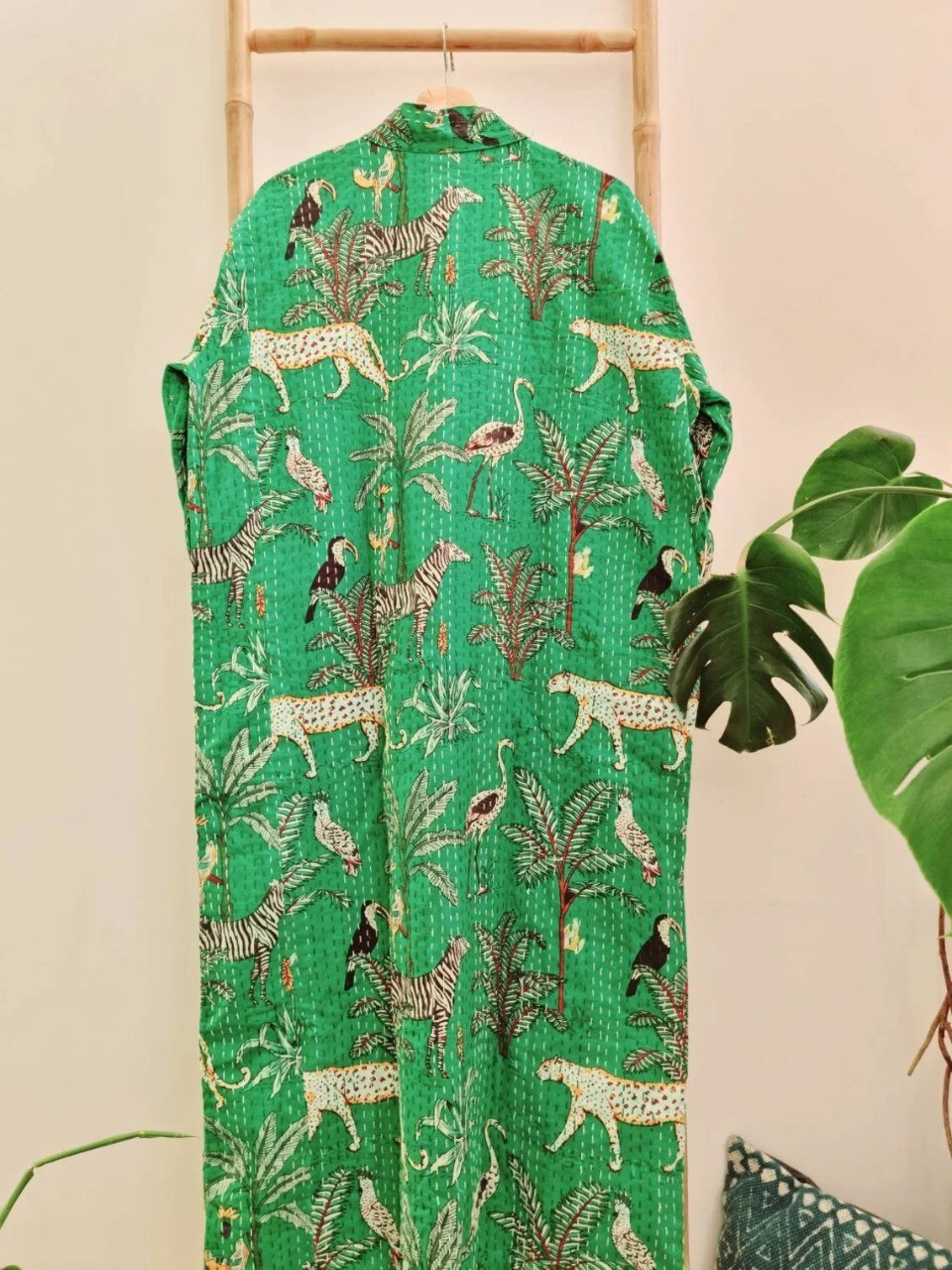 Robe Kimono Longue En Coton Fleuri Pêche - Style Bohème Indien, Fait Main, Taille Unique