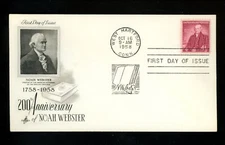 US FDC #1121 Artcraft M-3 1958 West Hartford CT Noah Webster