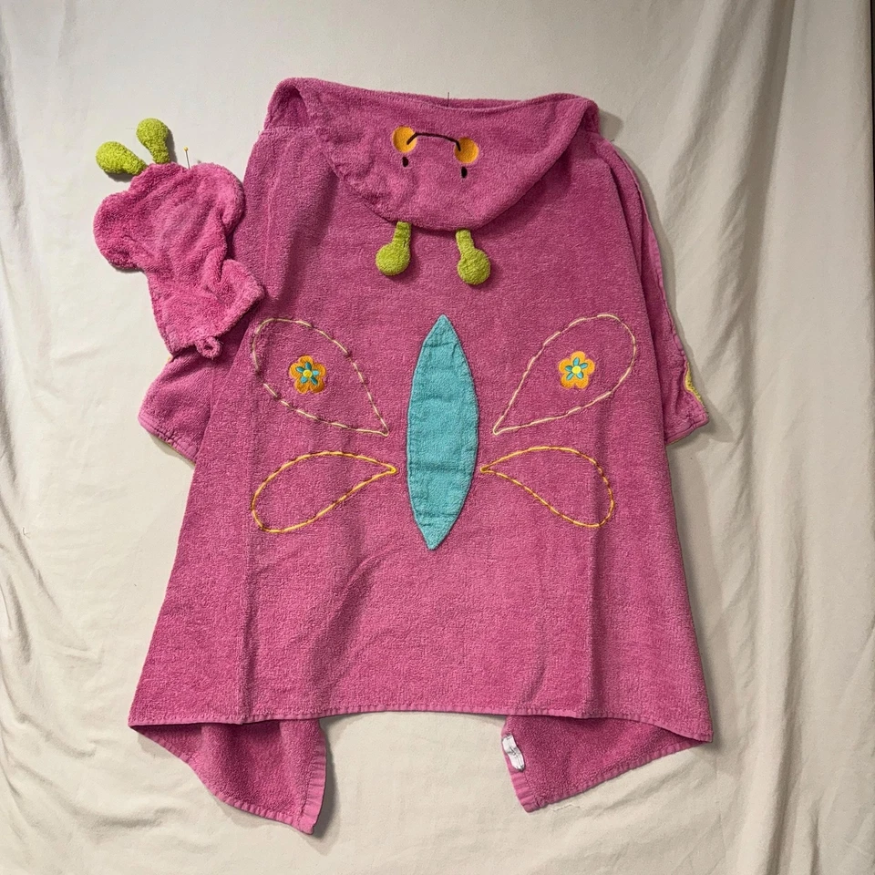 Butterfly Towel Set Girls Baby Pink Hooded Bath Washcloth Mitt Pool Beach Summer - Image 3 of 4