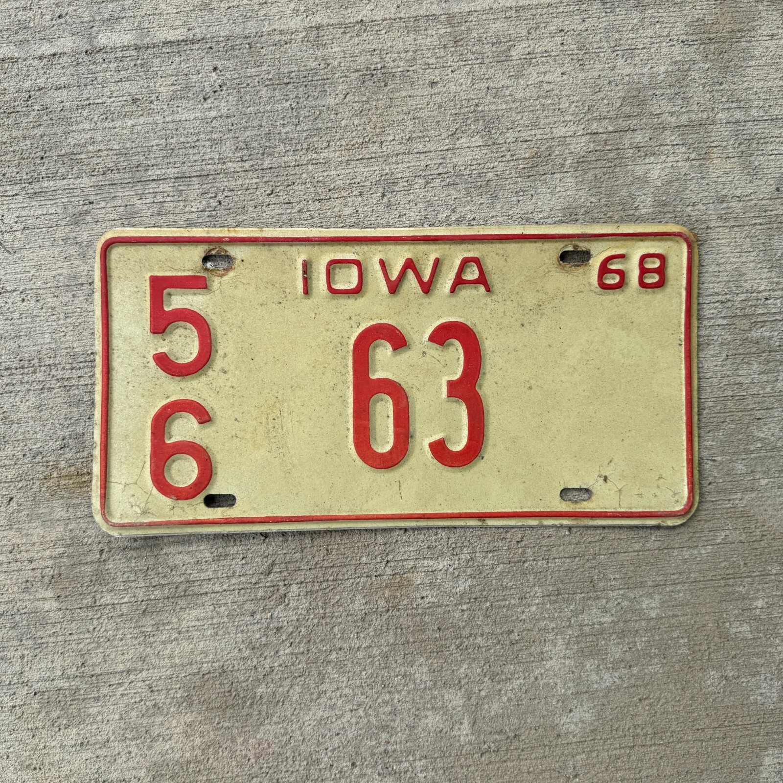 1968 Iowa License Plate Vintage Auto Tag Garage Wall Decor White County 56 63