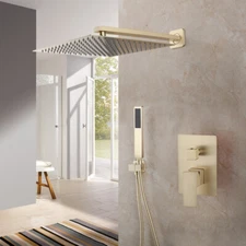 8 Inch Bathroom Shower Heads Wall Mount Gooseneck Arm Mixer Faucet Brushed Gold