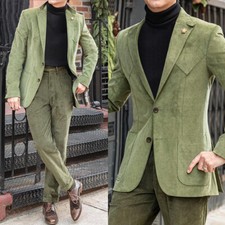 Men's Suede Jacket Corduroy Trouser Vintage Blazer Pant Single Notch Lapel