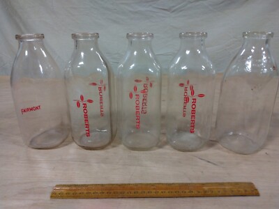 (5) Vintage Quart Milk Bottles Roberts, Meadow Gold & Fairmont Eastern Nebraska 