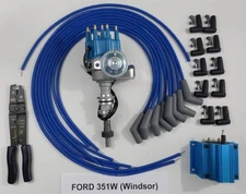 FORD 351W BLUE Small Cap HEI Distributor + Coil + UNIVERSAL PLUG WIRE 45-CRIMPER