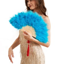 Happy Feather Handheld Marabou Fan, 1920s Vintage Style Acid Blue