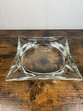 Vintage LARGE Square Faceted Clear Glass Ashtray Cigar Cigarette Heavy 11"