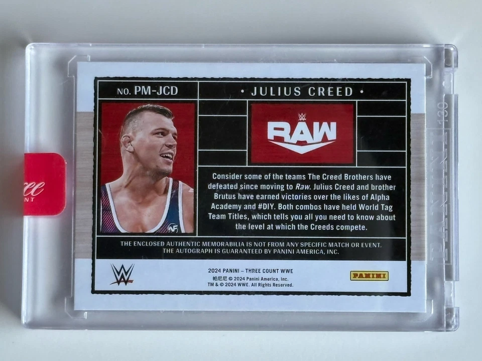 2024 Panini Three Count WWE Julius Creed /25 Purple Prime Memorabilia Auto PATCH - Image 2 of 4