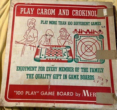 Vintage 1961 Merdel Carom Crokinole Game Board 100 Games box instructions NS