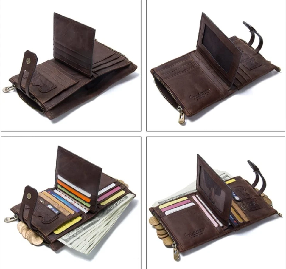 Men's Genuine Leather Wallet RFID Blocking Wallet for Men 2 Zipper Compartment - Image 3 of 4