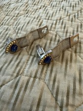 Vtg 1960s Swank Style Mesh Wrap Cufflinks Blue Star Sapphire Rhinestone Silver