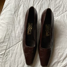 Salvatore Ferragamo BROWN Leather Gancini Embossed Block Heel Pumps US 7AA