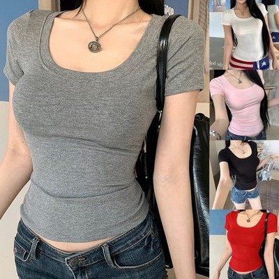 U Neck for Slim for Fit Short Sleeve T-Shirt for Women Korean Style Solid Color