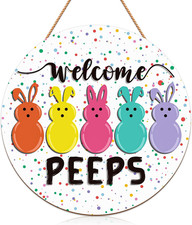 Easter Door Decorations Sign - Wooden Welcome Peeps Door Hanger with Bunny De...