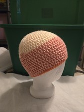 Unisex Crochet Beanie. Cream Pink Multi. Soft And Stretchy. USA Made