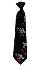 Clip On Neck Tie, Black, Marigold Yellow, Ruby Red & White Flowers On Blk