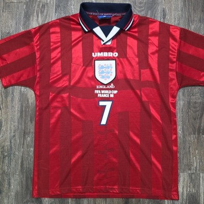 1998 Umbro England Away Soccer Jersey David Beckham Men L World