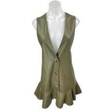 NEW Zara Green Faux Leather Vegan Sleeveless Ruffle Blazer Mini Dress Size S
