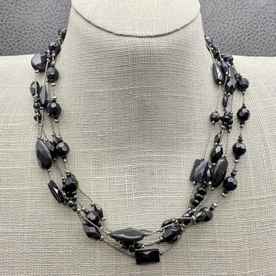 Versona Black Faceted Bead Multi Strand Statement Necklace Adjustable 16 Inch
