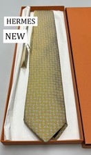 New Unused HERMES Neck Tie Skinny Yellow Geometric 100 Silk Box Made in France