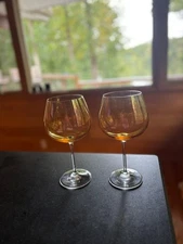 PIER 1 GOLD IRIDESCENT w/CLEAR STEM PAIR of 2 BALLOON GOBLETS EXCELLENT COND