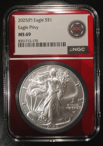 2025 (P)  AMERICAN SILVER EAGLE NGC MS 69 EAGLE PRIVY  1 OZ ASE SHARP COIN