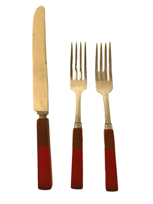 VINTAGE BUTTERSCOTCH BAKELITE TWO TONE LUCITE  FLATWARE ~ 2 forks 1 knife