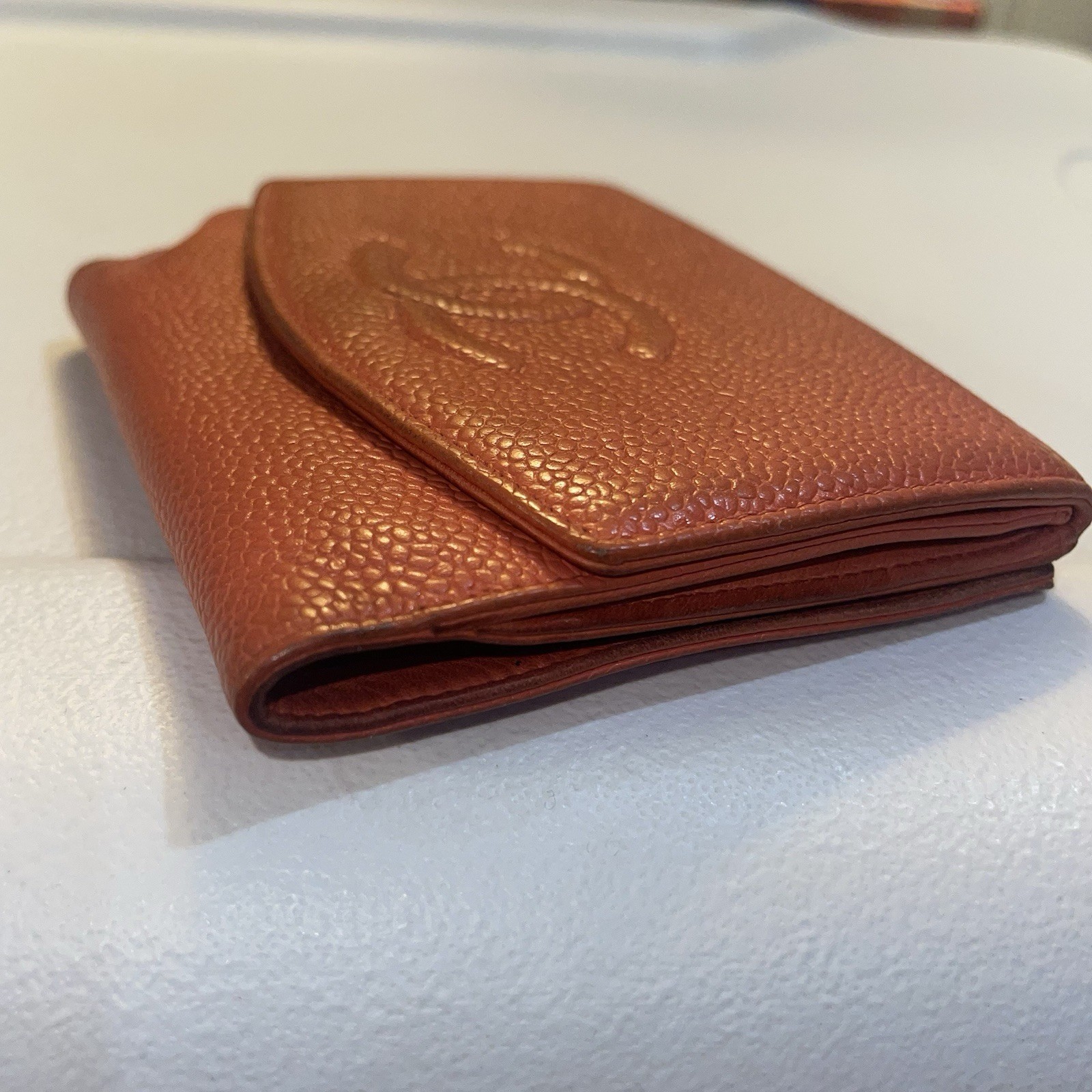 Chanel CC Timeless Caviar Pebbled Logo Bifold Compact Wallet Coral image 6