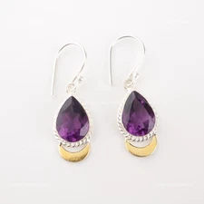 Natural Amethyst 925 Silver Art Deco Dangle Drop Mother Hook Earrings Jewelry