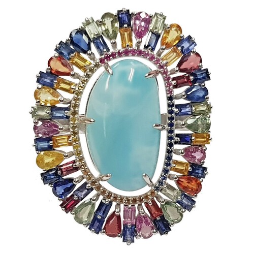 Meher's Jewel 22x12mm Larimar, White Zircon & Multi Color Sapphire Cocktail Ring - Picture 9 of 11