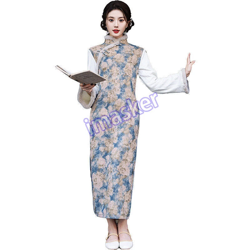 OFF WHITE Abito donna invernale stile cinese Qipao stand colletto medio lungo spacco laterale Cheongsam