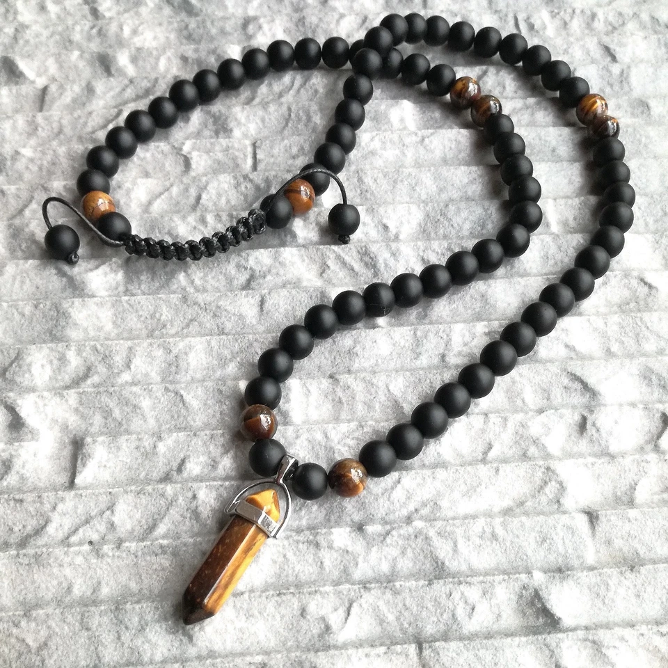 Damen Perlenkette Onyx perlen Anhänger Tigerauge Stein kette damenkette - Bild 2 von 3