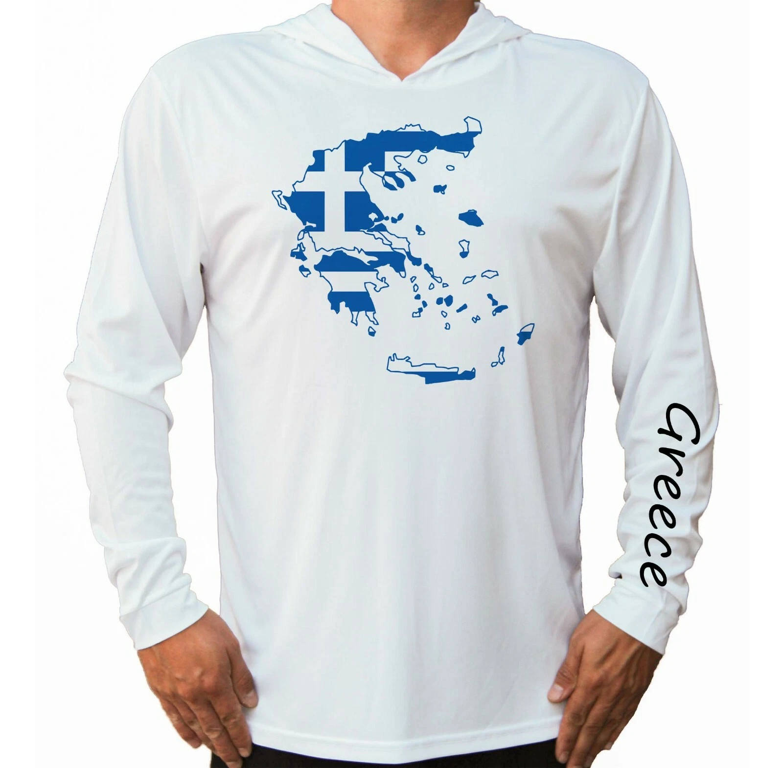Greece Map Flag Boat Fishing Beach UV UPF 50 Long Sleeve T-Shirt Hood